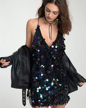 Colorful Sequin Mini Dress V-Neck Open Back Sexy Birthday Party Dresses