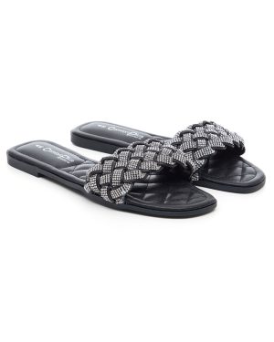 Comfort Plus Black - Diamante Weave Front Band Flat Sandals, Size: 4 -Holiday Shop