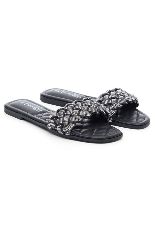 Comfort Plus Black - Diamante Weave Front Band Flat Sandals, Size: 4 -Holiday Shop