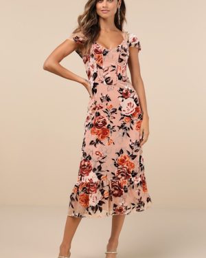 Composed Beauty Blush Pink Burnout Velvet Floral Midi Dress