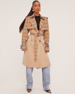 Contrast Checkered Overlay Mid Length Oversized Trench Coat In Stone, Women's Size UK 6
