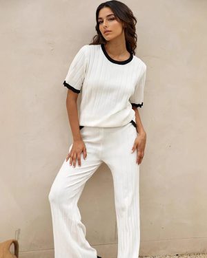 Contrast Color 2 Piece Set Short Sleeves Top And Wide-leg Pants 2025