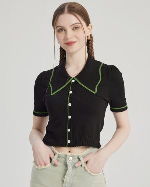 Contrast Polo Knit Top Short Sleeves Crop Top For Women 2025