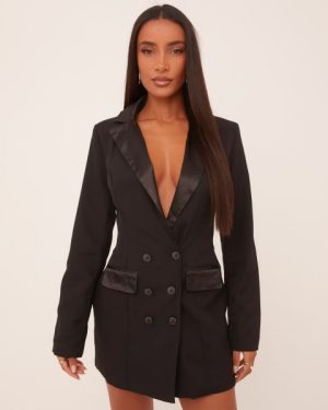 Contrast Satin Detail Tailored Blazer Dress In Black, Women's Size UK 6