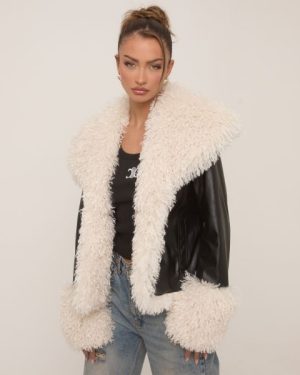 Contrast Shearling Detail Coat In Black Faux Leather, Women's Size UK 6