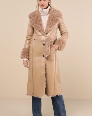 Cool Nights Tan Vegan Leather Shearling Coat