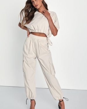 Coolest Cutie Beige High-Rise Cargo Jogger Pants