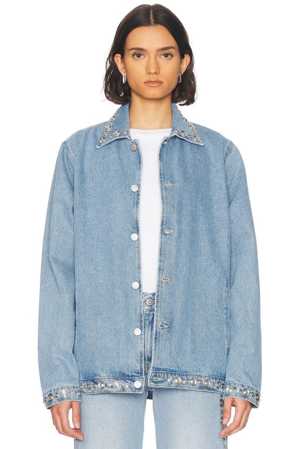Coperni Studded Denim Jacket in Blue Washed - Blue. Size L (also in M, S, XS).