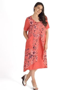 Coral Floral & Stripe Print Wrap Linen Dress