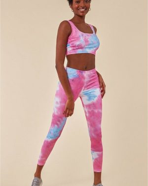 Cosmochic Tie-dye Crop Top With Leggings Set - Pinkblue