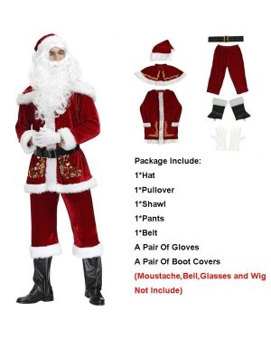 (Costume Set, 5XL) Santa Claus Suit Christmas Costume Fancy Dress Cosplay Party Velvet Set Outfit