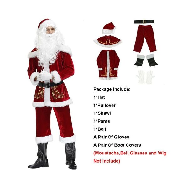 (Costume Set, 5XL) Santa Claus Suit Christmas Costume Fancy Dress Cosplay Party Velvet Set Outfit
