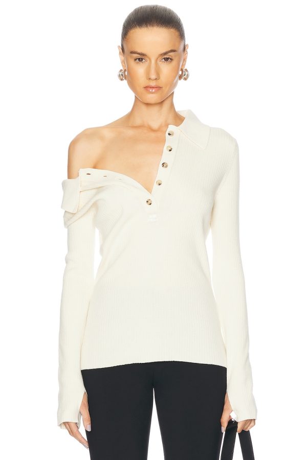 Courreges Multi-buttons Light Wool Polo Top in Natural - Neutral. Size L (also in S, XS).