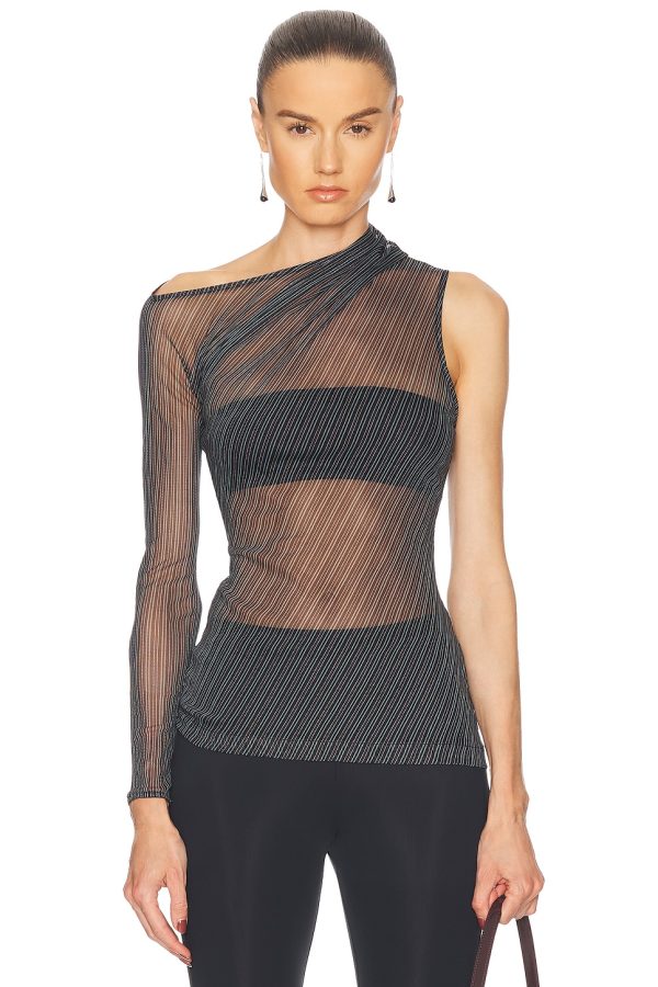 Courreges One Shoulder Striped Mesh Top in Black & Ruby - Black. Size 34 (also in 36, 38, 40, 42).