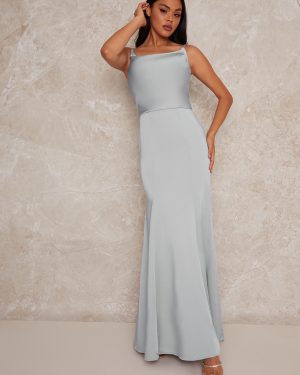 Cowl Neck Satin Slip Maxi Dress in Blue - 8