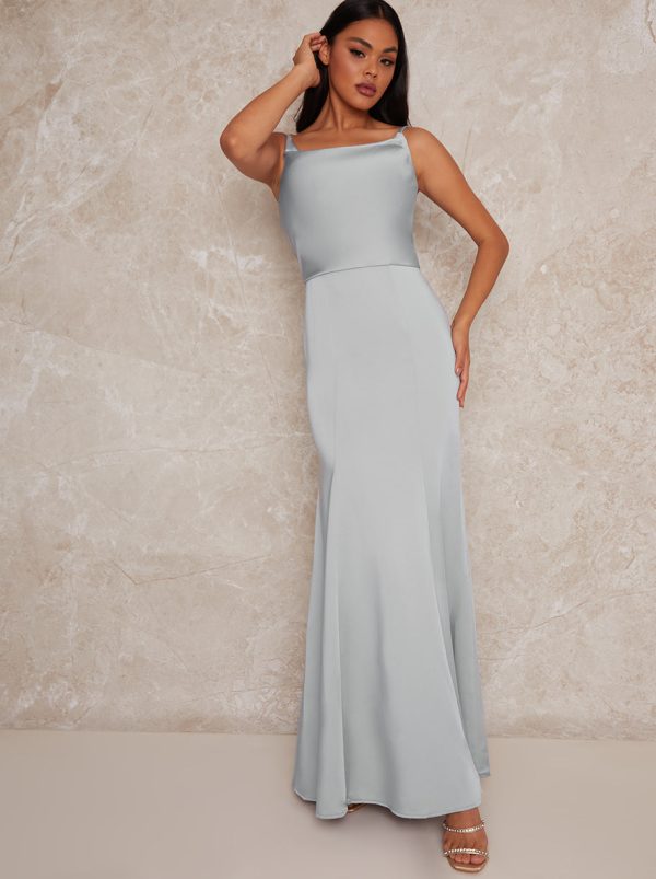 Cowl Neck Satin Slip Maxi Dress in Blue - 8