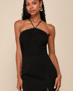 Coy Favorite Black Mesh Ruched Halter Bodysuit