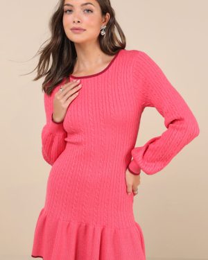 Coziest Poise Pink Cable Knit Long Sleeve Sweater Mini Dress