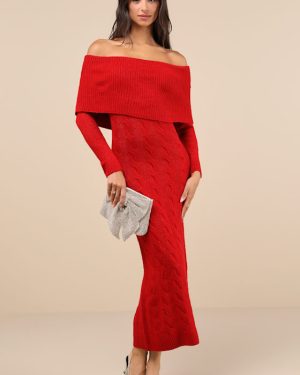 Cozy Excellence Heather Red Off-the-Shoulder Sweater Dress
