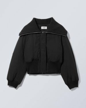 Cropped Rib Funnel Neck Bomber Jacket