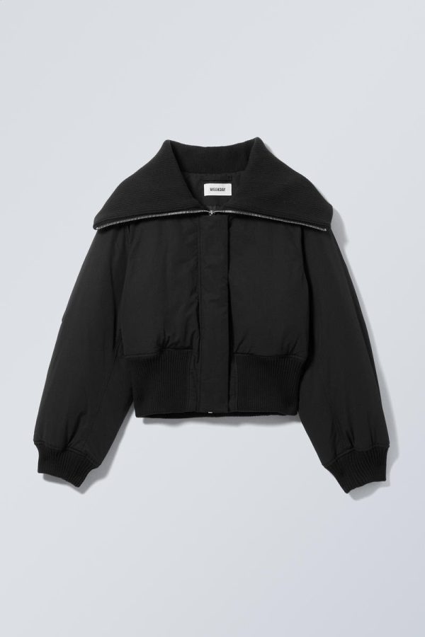 Cropped Rib Funnel Neck Bomber Jacket