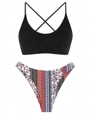 Cross Cross Lace Up Tank Style Ethnic Boho Print Cheeky Bikini Set Swimwear Black