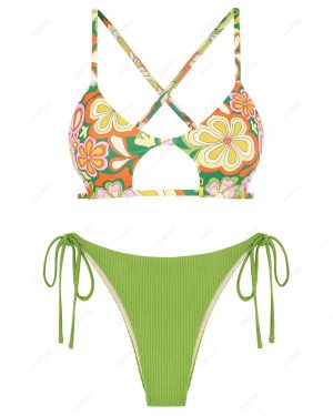 Cut Out Crisscross Mix and Match Floral Tie Tanga Bikini Set Multi a