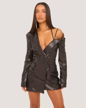 Cut Out Shoulder Detail Blazer Dress In Black Sequin, Women's Size UK 6