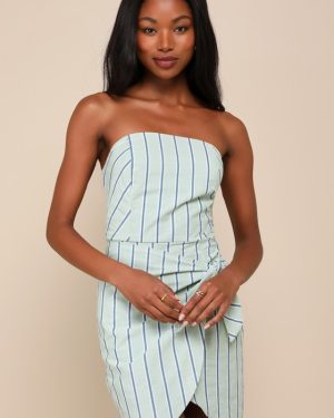 Cute Finesse Sage Striped Cotton Strapless Tie-Front Mini Dress