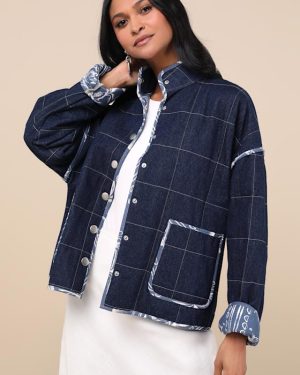 Cutest Preference Dark Wash Denim Mixed Media Quilted Jacket