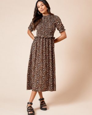 DOROTHY PERKINS Puff Sleeve leopard Shirred Bodice Peplum Midi Dress