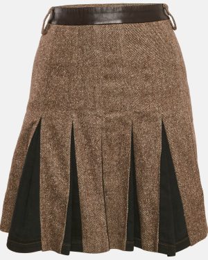 D&G Brown Wool and Leather Trim Pleated Mini Skirt S