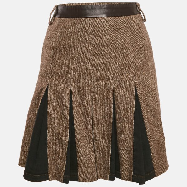 D&G Brown Wool and Leather Trim Pleated Mini Skirt S