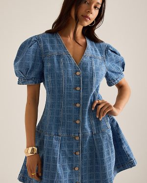 Damson Madder Adeline Puff-Sleeve Denim Mini Dress