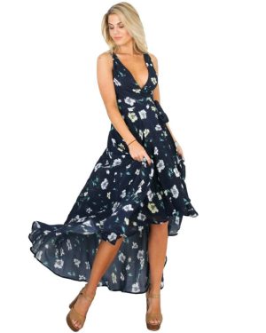 (Dark Blue, M) Sexy Women Maxi Dress Plunge V Floral Print Sleeveless High Low Hem Beach