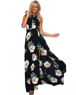 (Dark Blue, M) Women Chiffon One-Piece Dress Floral Print Halter Sleeveless Split Backless Hollow Out Beach
