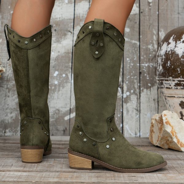 (Dark Green, 41) Womens Stylish High Knee Suede Boots Featuring Sturdy Mid Heel And Side Zipper Closure
