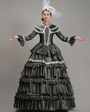 Dark Green Retro Tudor Dress Costumes Women's Lace Flowers Polyester Tunic Dress Headwear Marie Antoinette Costume Vintage Party Prom Dress