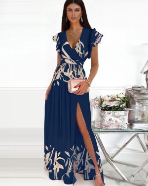 Dark Navy Maxi Dress Flutter Sleeves V-Neck Surplice Tank Prom Dresses
