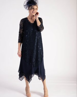 Dark Navy Sequin Lace Dress with Chiffon Trim