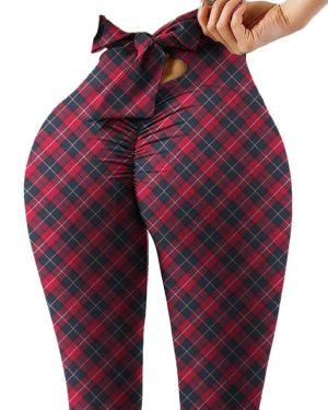 (Dark Red, XL) Wave Point Bow Yoga Pants for Women Push Up Workout Sport Fitness High Waist Squat Proof Leggings