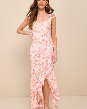 Darling Glow Peach Pink Floral Ruffled High-Low Maxi Dress