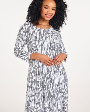 Dash White 3/4 Sleeve Linear Print Jersey Swing Dress, Size: 10