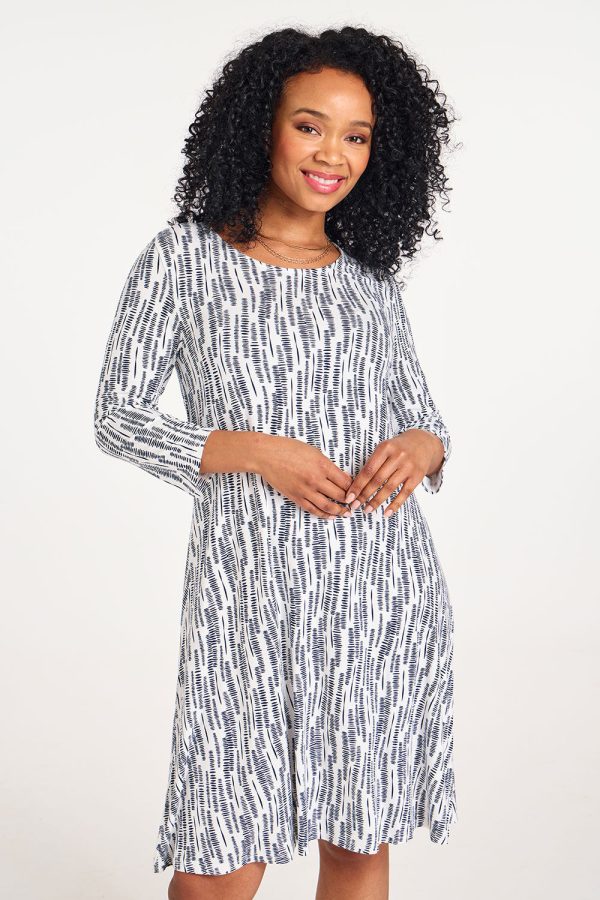 Dash White 3/4 Sleeve Linear Print Jersey Swing Dress, Size: 10