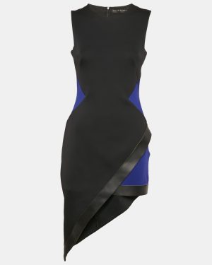 David Koma Black Jersey Panel Detail Leather Trimmed Asymmetric Dress L