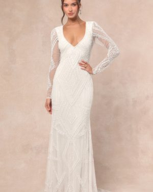 Deedra White Sequin Beaded Backless Maxi Dress