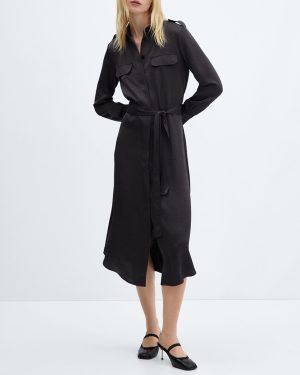Deep Dark Blue Satin Shirt Dress
