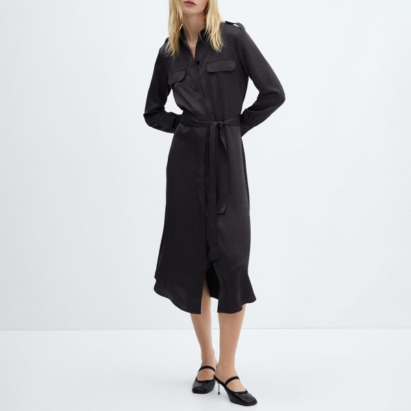 Deep Dark Blue Satin Shirt Dress