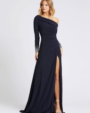 Deep Navy Evening Dress One-Shoulder With Train Long Sleeves Criss-Cross Lycra Spandex Sheath Social Party Dresses Free Customization