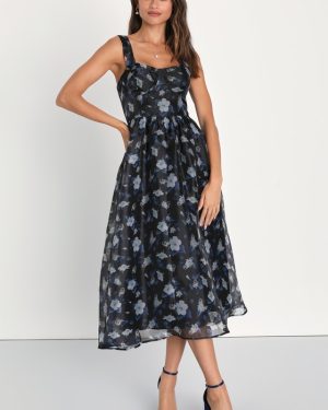 Delightful Look Black Floral Print Bustier Midi Skater Dress